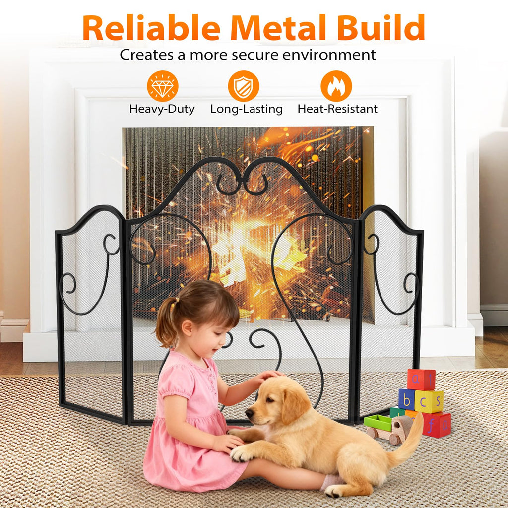 3-Panel Folding Fireplace Screen with Metal Mesh Y9979