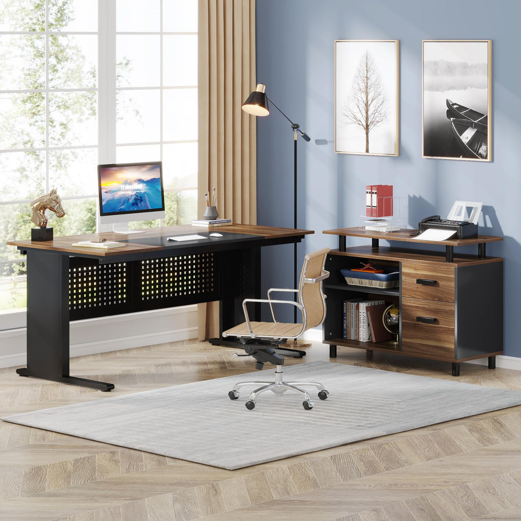 63 Inch L Shaped Computer Desk with File Cabinet and Storage Shelves I94696