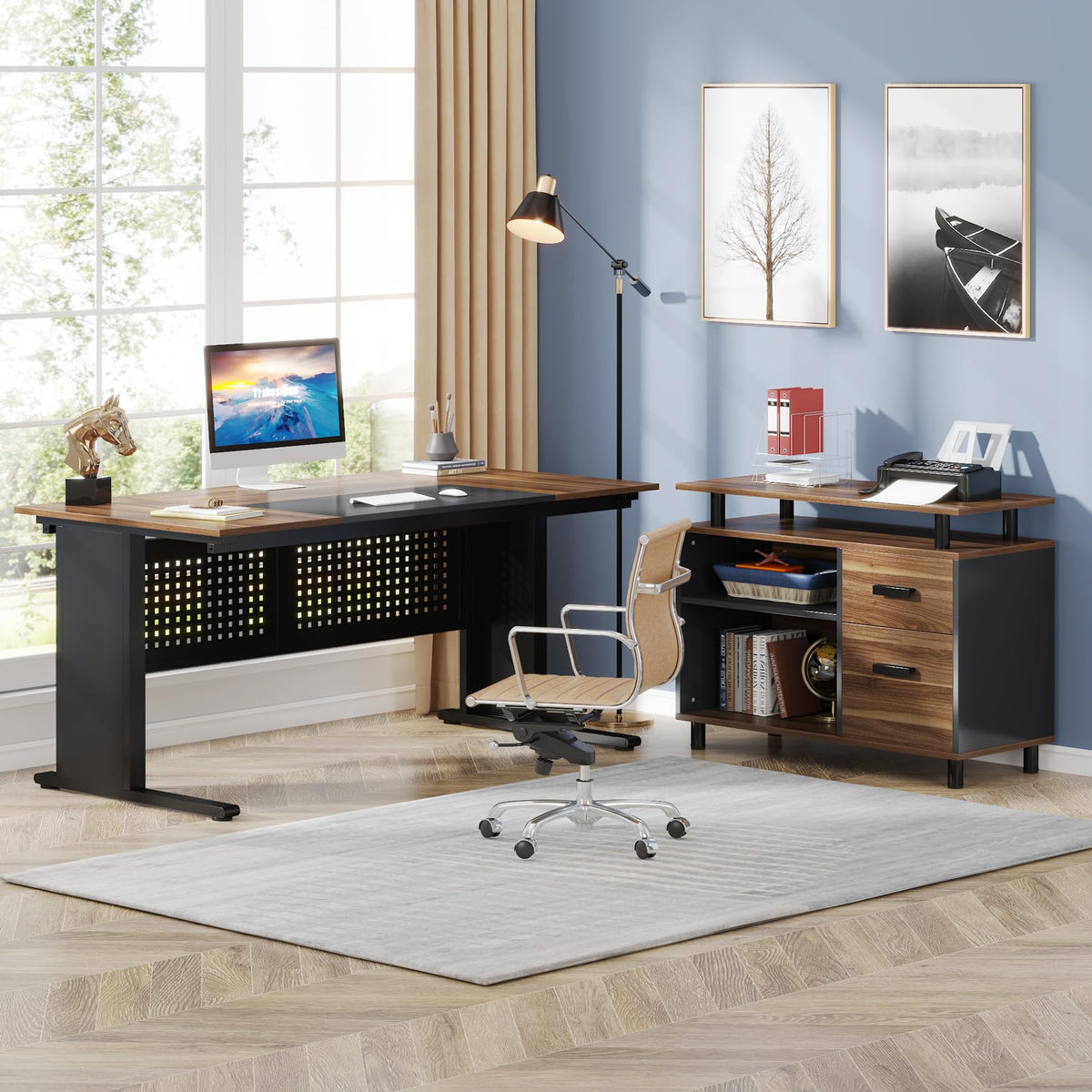 63 Inch L Shaped Computer Desk with File Cabinet and Storage Shelves I94696