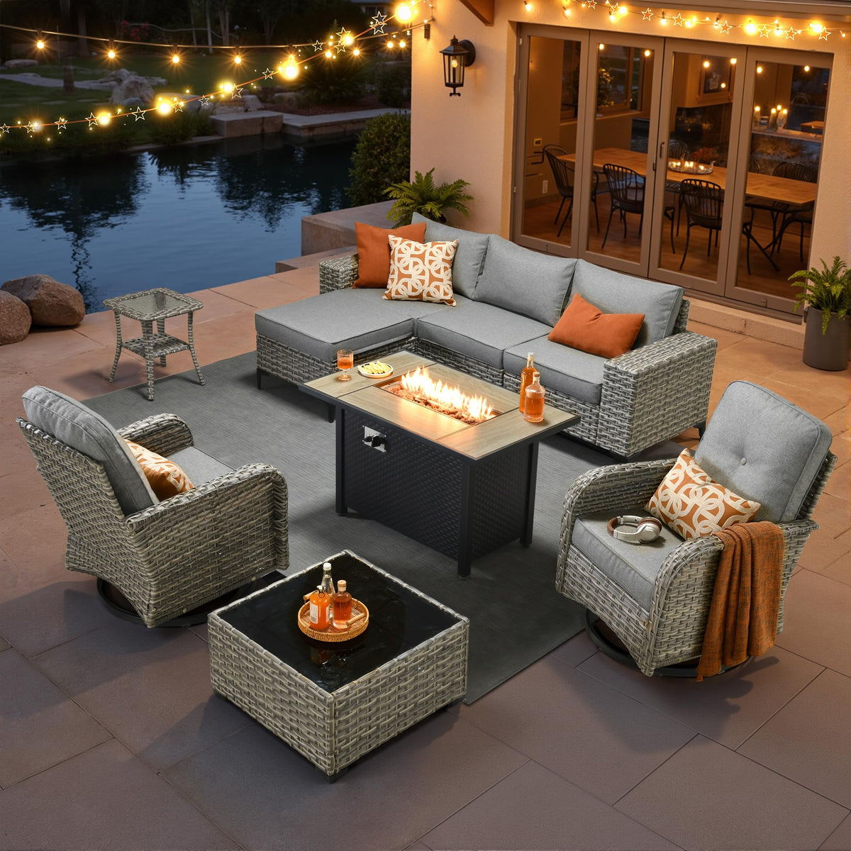 Charcoal Grey 9 Pieces Wicker Outdoor Sectional Sofa Set with Fire Pit Table V8712