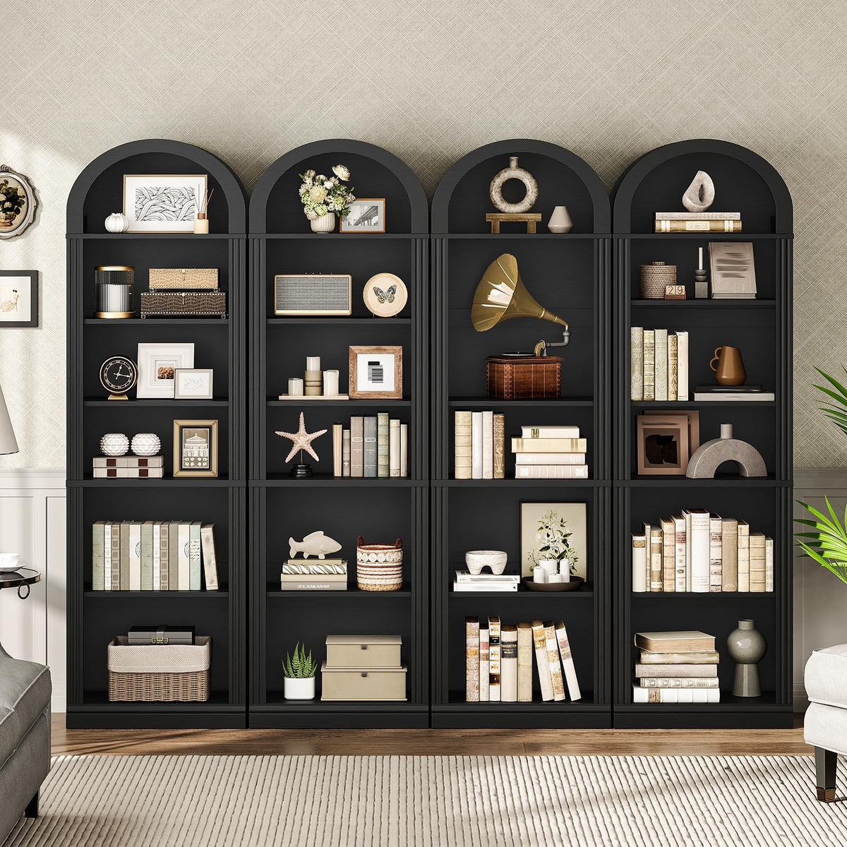 75.8" Tall Narrow 6-Tier Arched Wooden Bookshelf, Black Z61455