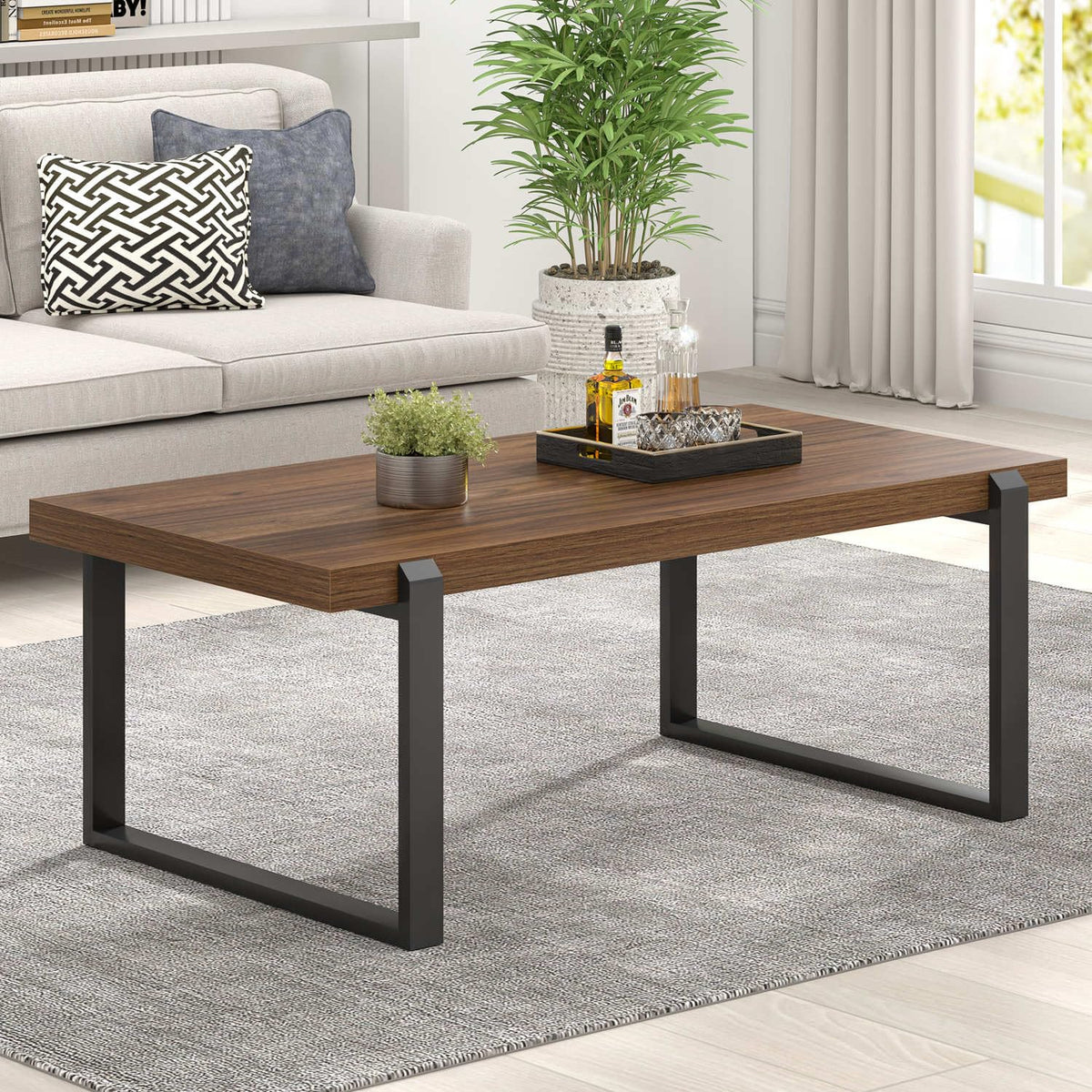 Walnut 44 Inch Wood and Metal Coffee Table Z494602