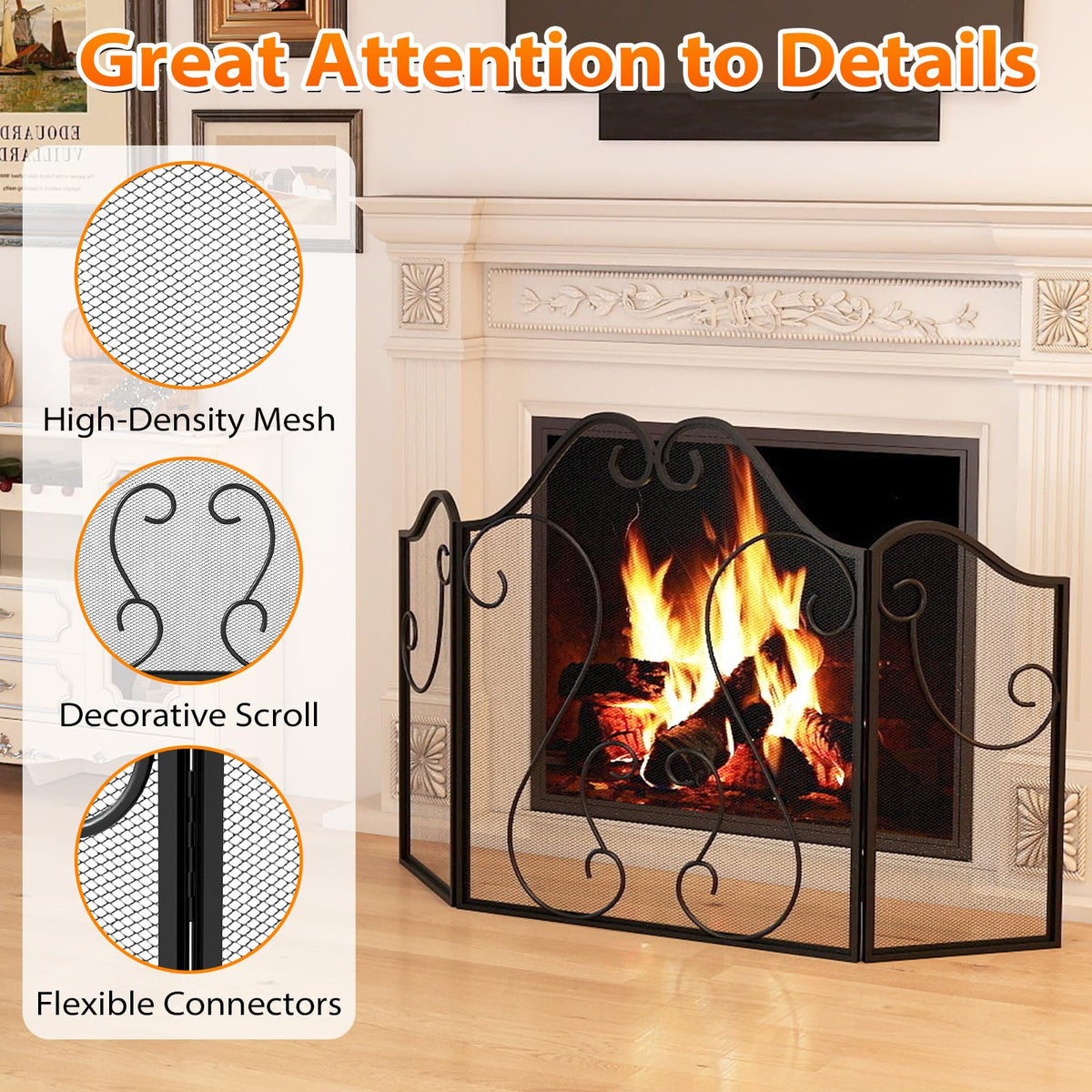 3-Panel Folding Fireplace Screen with Metal Mesh Y9979
