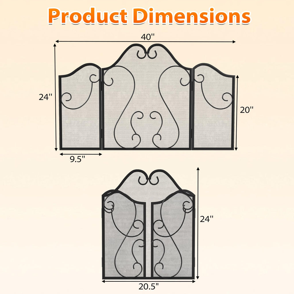 3-Panel Folding Fireplace Screen with Metal Mesh Y9979