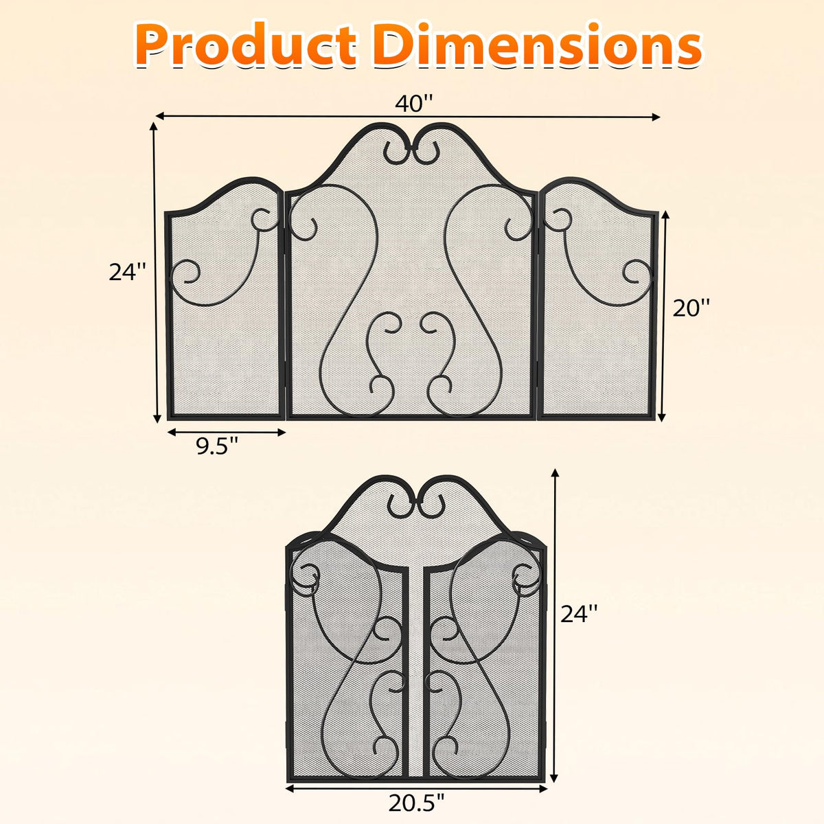 3-Panel Folding Fireplace Screen with Metal Mesh Y9979