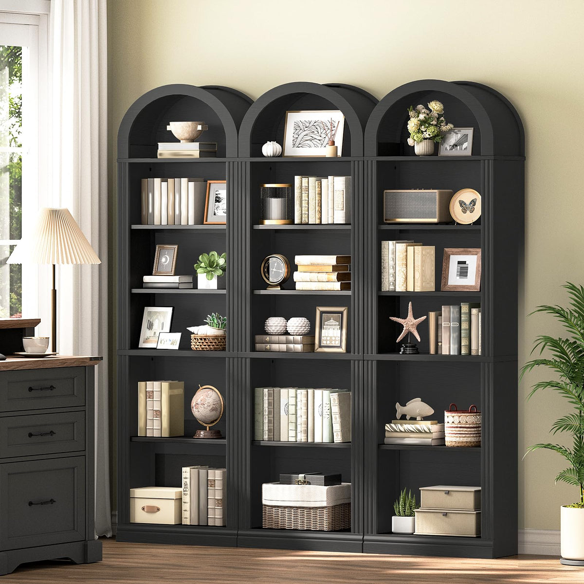 75.8" Tall Narrow 6-Tier Arched Wooden Bookshelf, Black Z61455