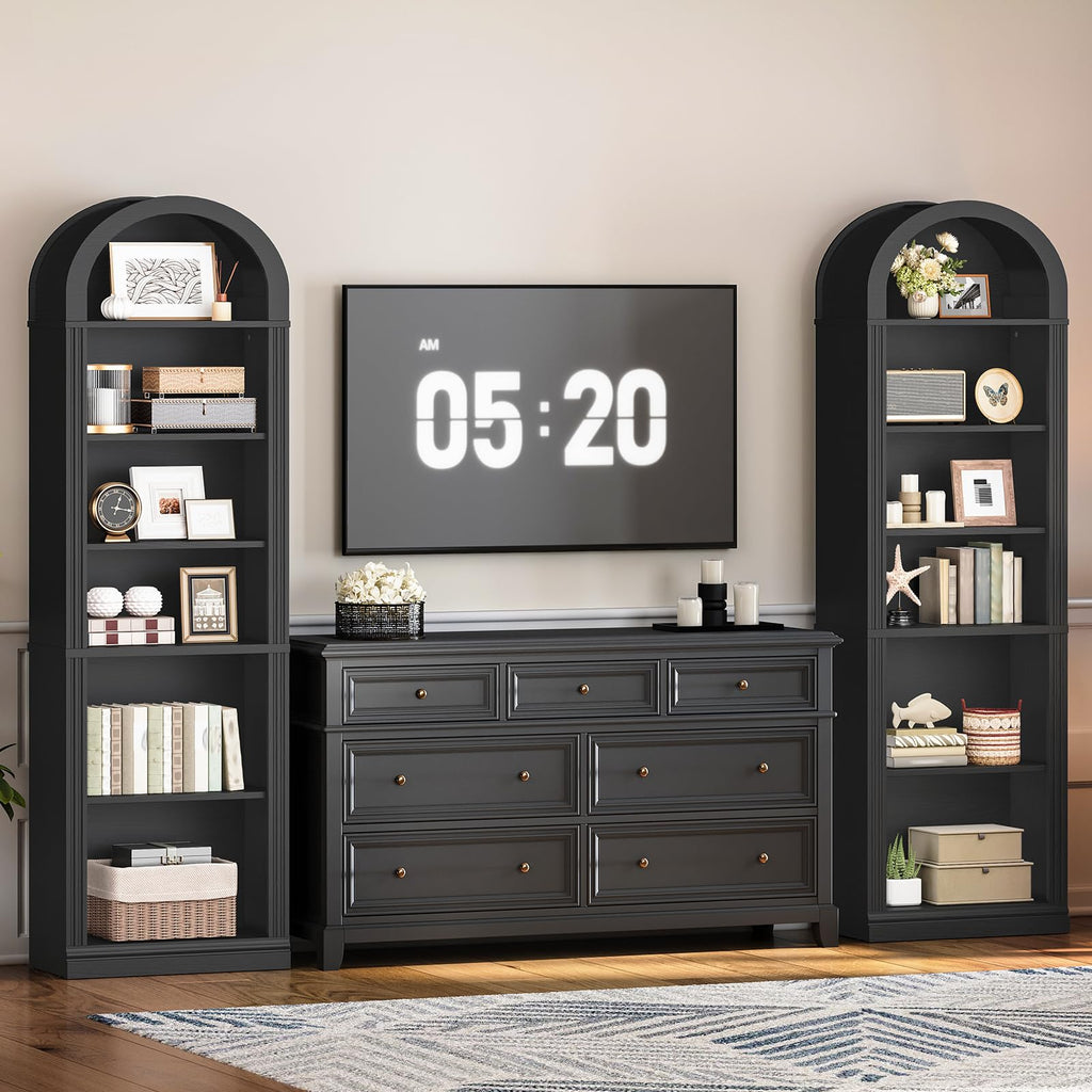 75.8" Tall Narrow 6-Tier Arched Wooden Bookshelf, Black Z61455