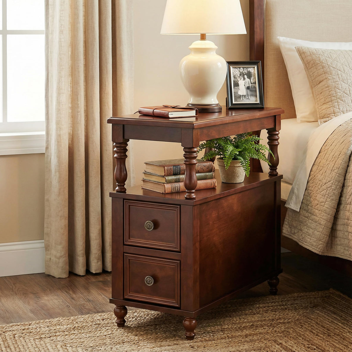Solid Wood 2 Drawer Nightstand with Open Storage Shelf H12357