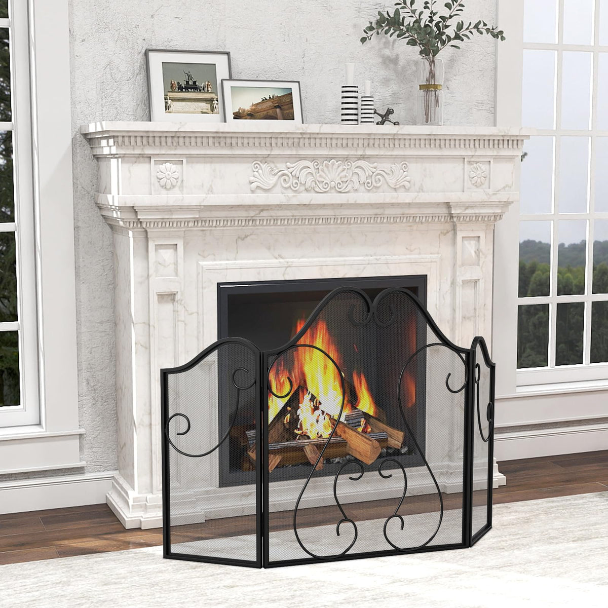 3-Panel Folding Fireplace Screen with Metal Mesh Y9979