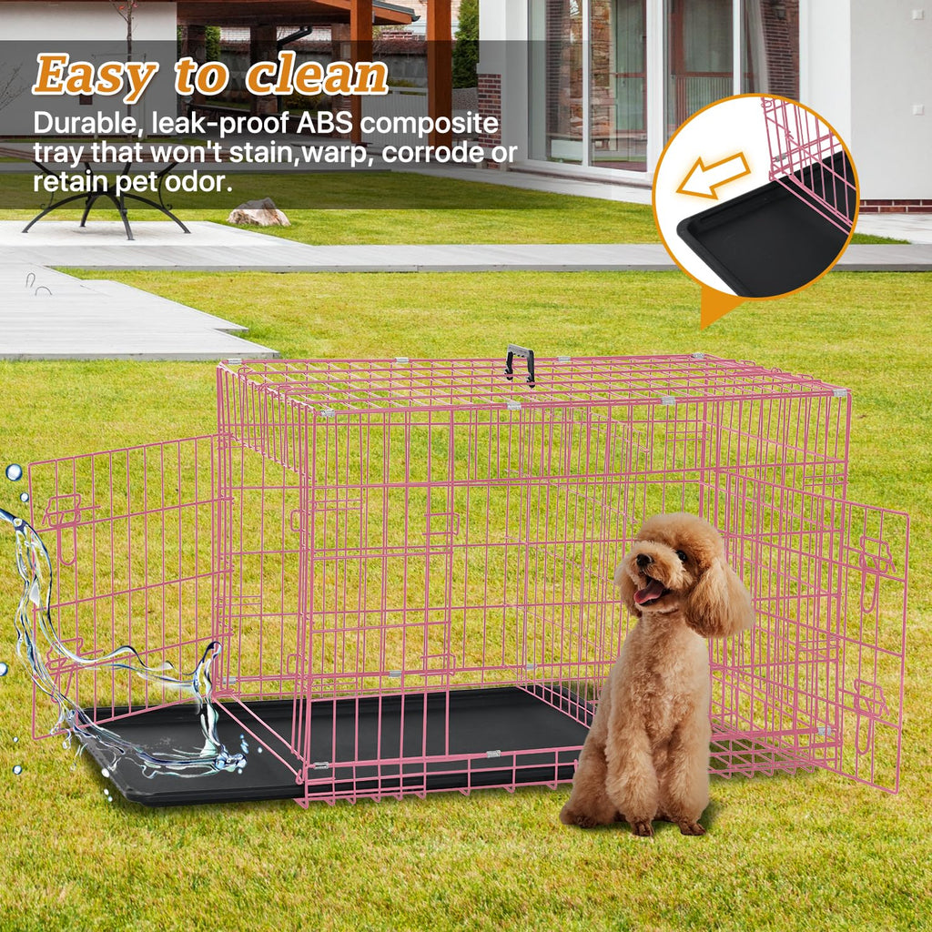 24" Pink Double Door Wire Dog Crate with Divider J291