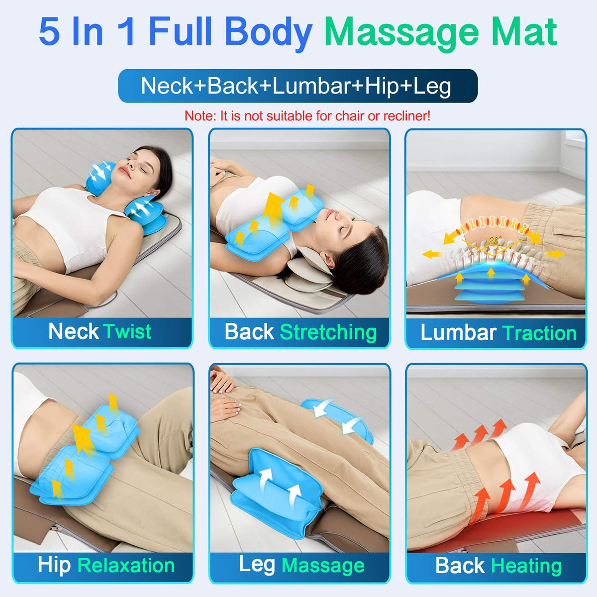 Full Body Massage Mat with Airbags Stretching & Heating, 3D Lumbar Traction, 4 Modes 3 Intensities 3 Heat Levels, PU Leather, Foldable X49501
