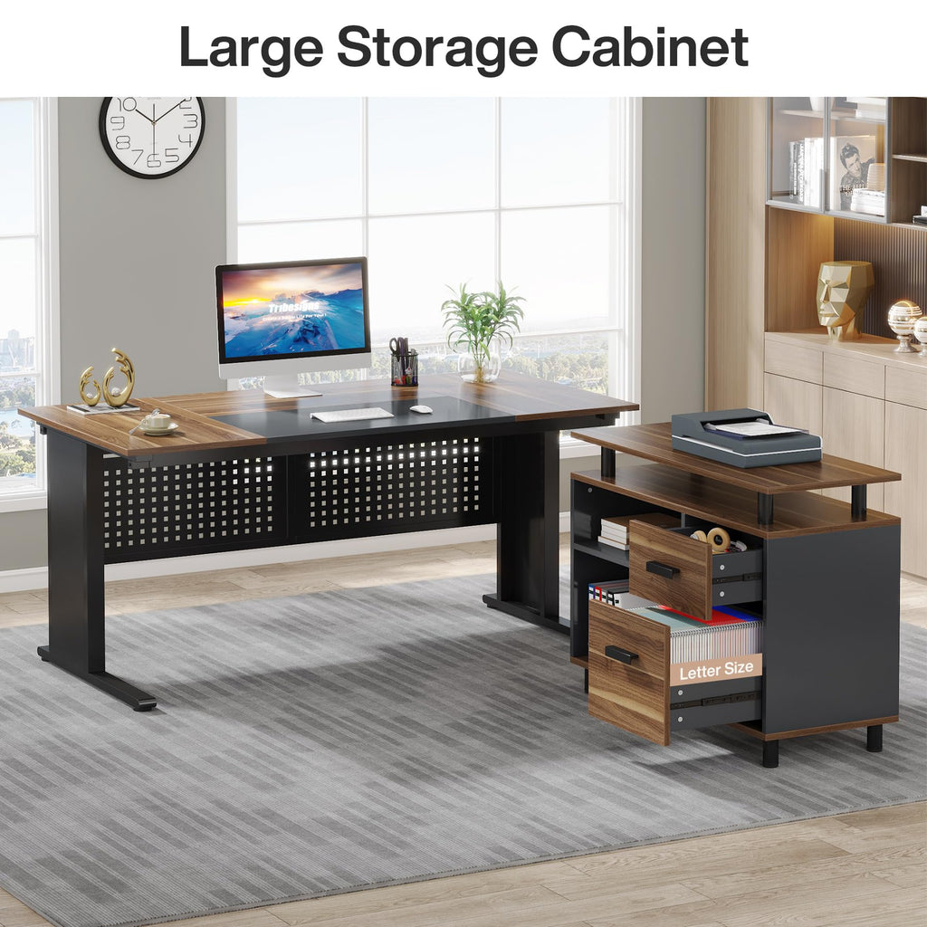 63 Inch L Shaped Computer Desk with File Cabinet and Storage Shelves I94696