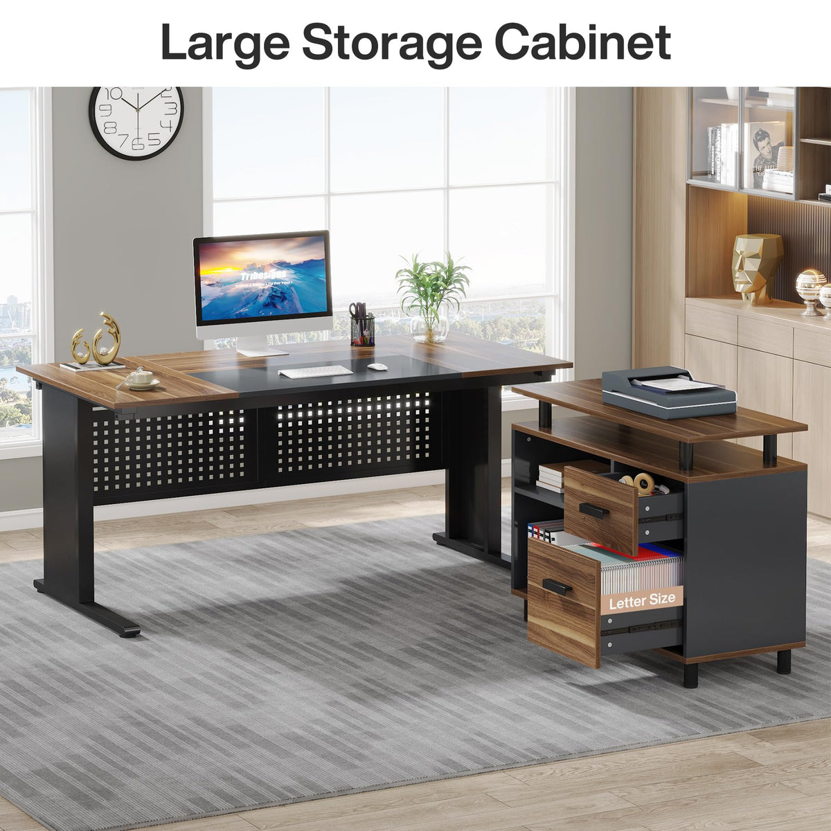 63 Inch L Shaped Computer Desk with File Cabinet and Storage Shelves I94696