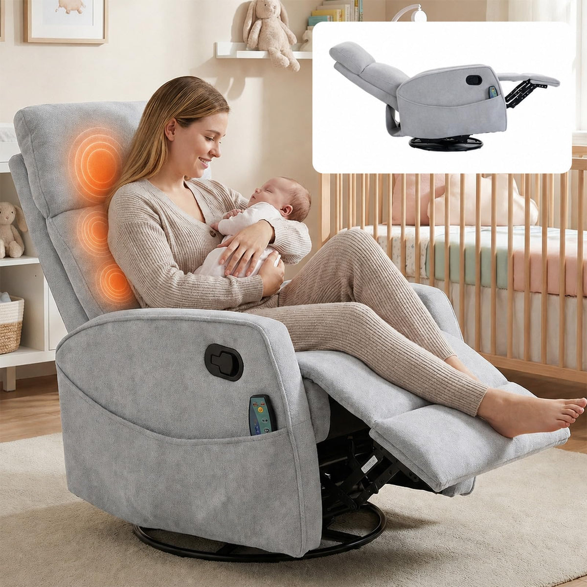 Small White Velvet Recliner Rocking Chair with Heat and Massage T335