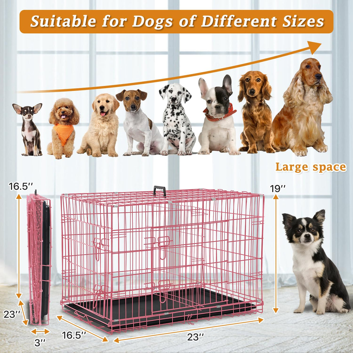 24" Pink Double Door Wire Dog Crate with Divider J291