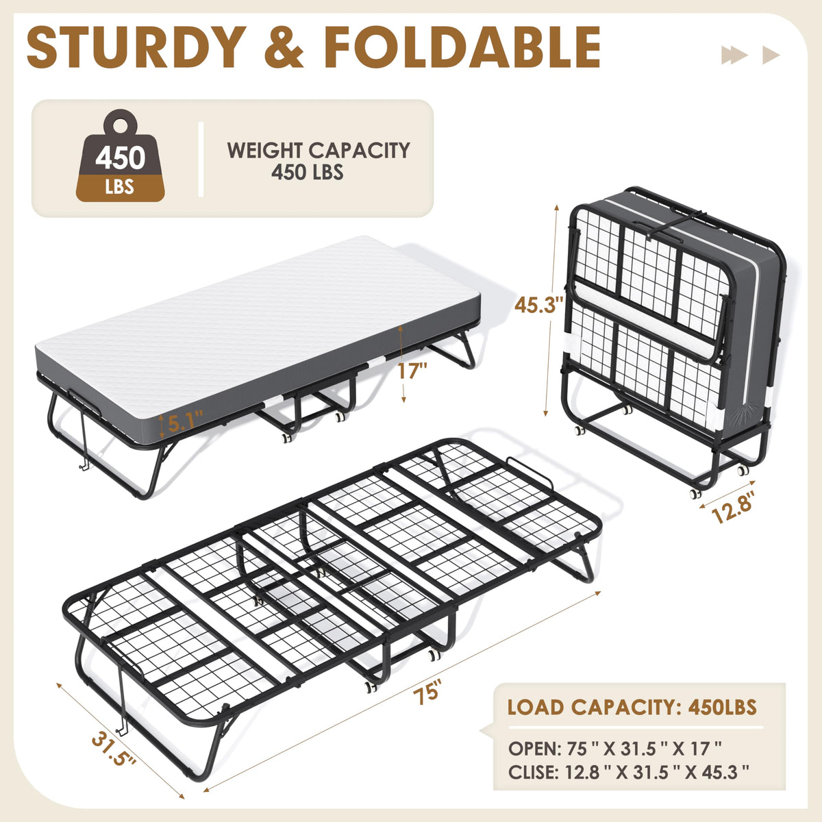 75" x 31" Folding Bed with 5" Memory Foam Mattress A30905