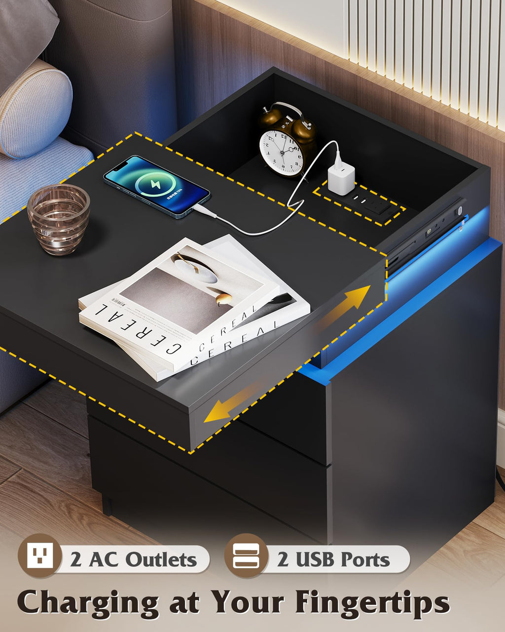 Black Nightstand with Charging Station D27004