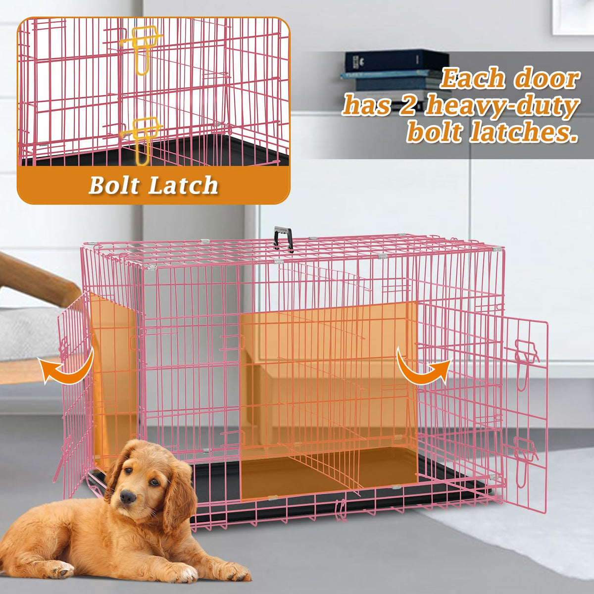 24" Pink Double Door Wire Dog Crate with Divider J291