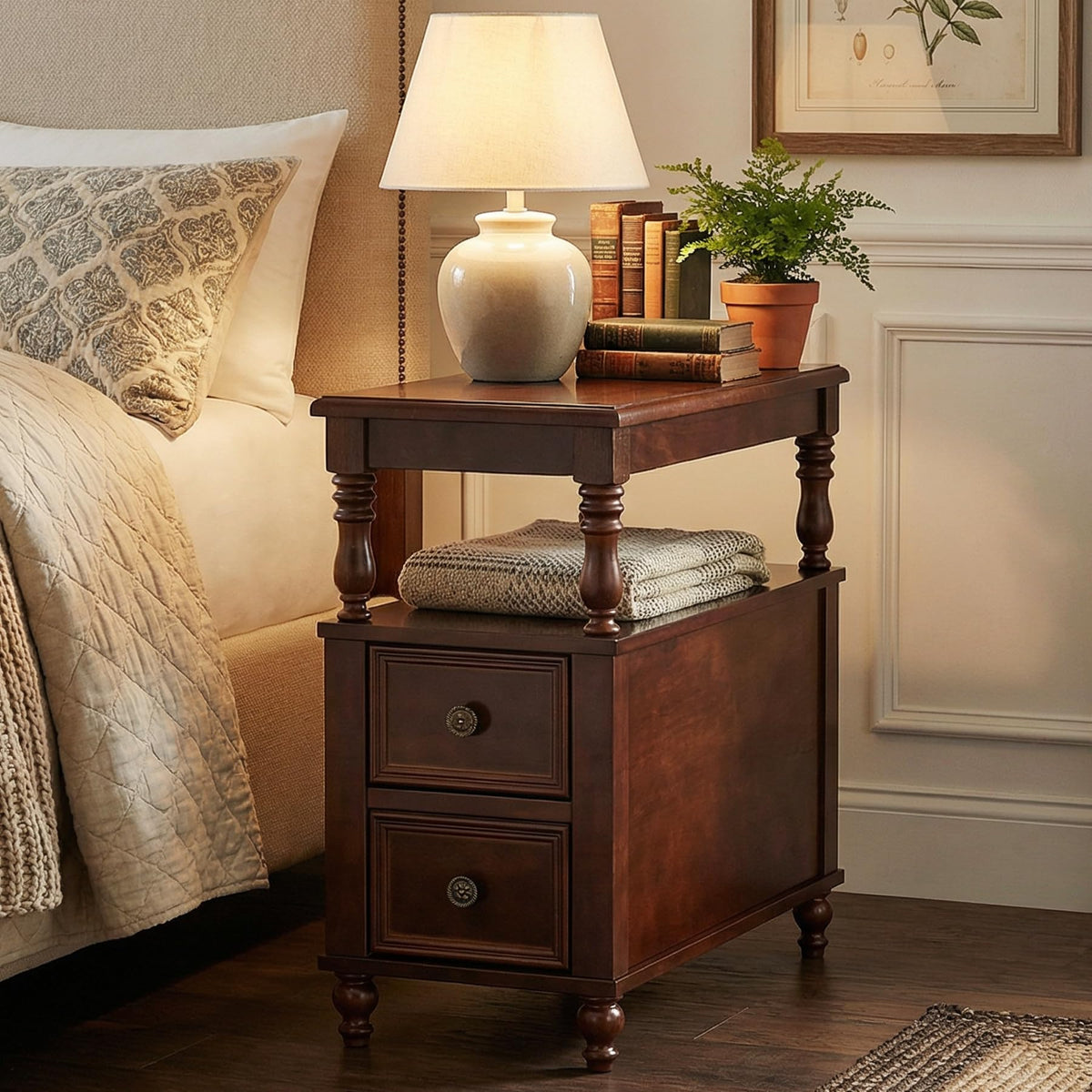Solid Wood 2 Drawer Nightstand with Open Storage Shelf H12357