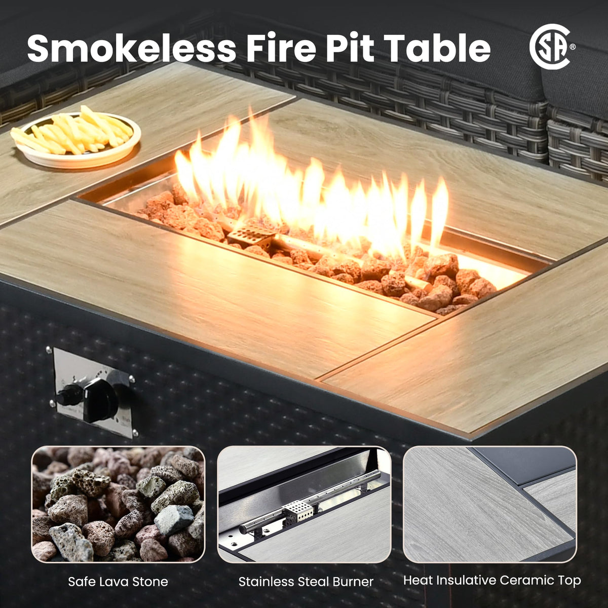 Charcoal Grey 9 Pieces Wicker Outdoor Sectional Sofa Set with Fire Pit Table V8712
