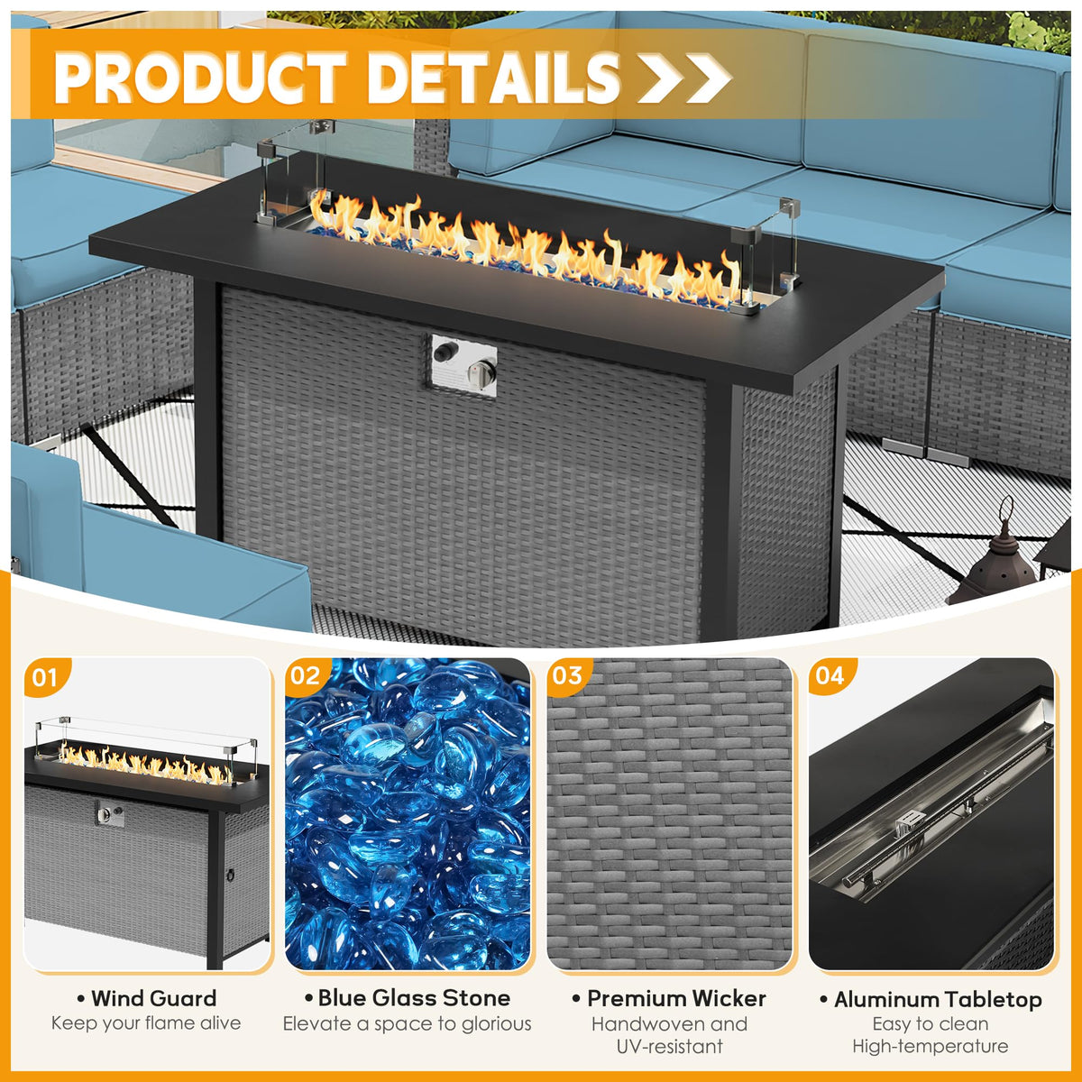 8 Piece Grey PE Wicker Patio Sectional Sofa Set with Fire Pit Table H724