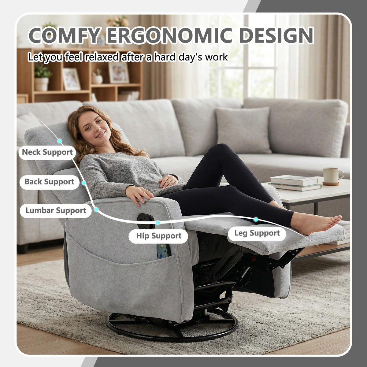 Small White Velvet Recliner Rocking Chair with Heat and Massage T335