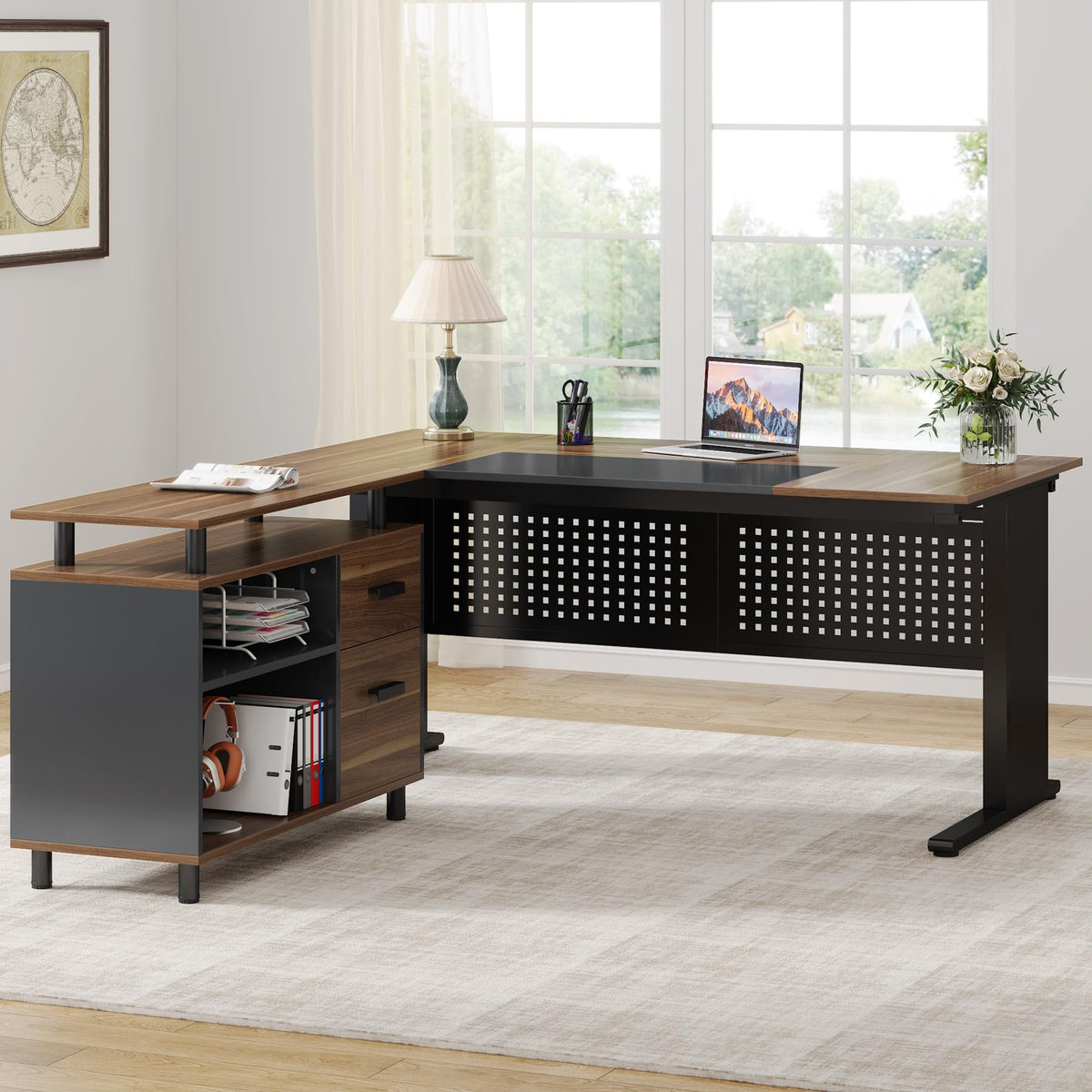 63 Inch L Shaped Computer Desk with File Cabinet and Storage Shelves I94696
