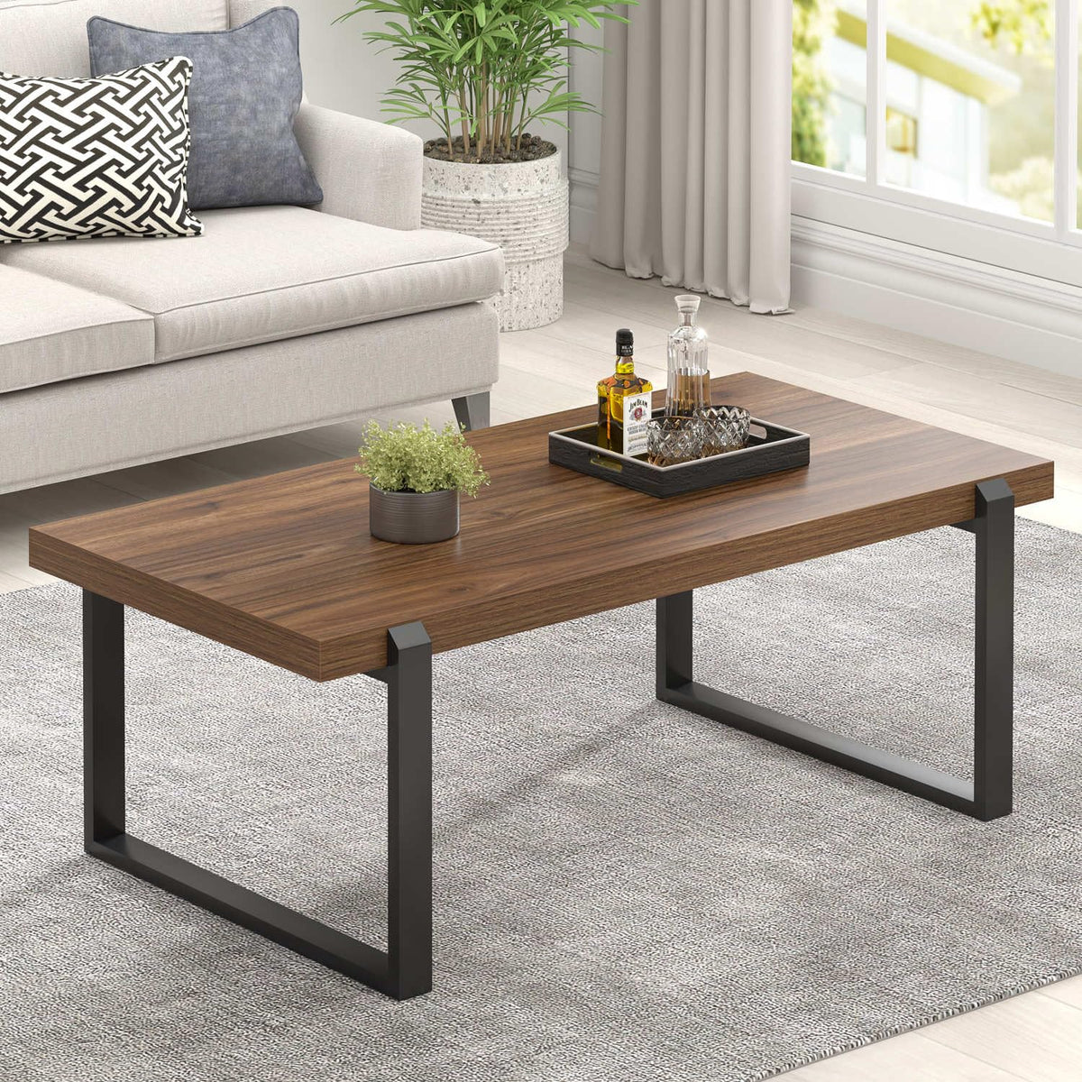 Walnut 44 Inch Wood and Metal Coffee Table Z494602