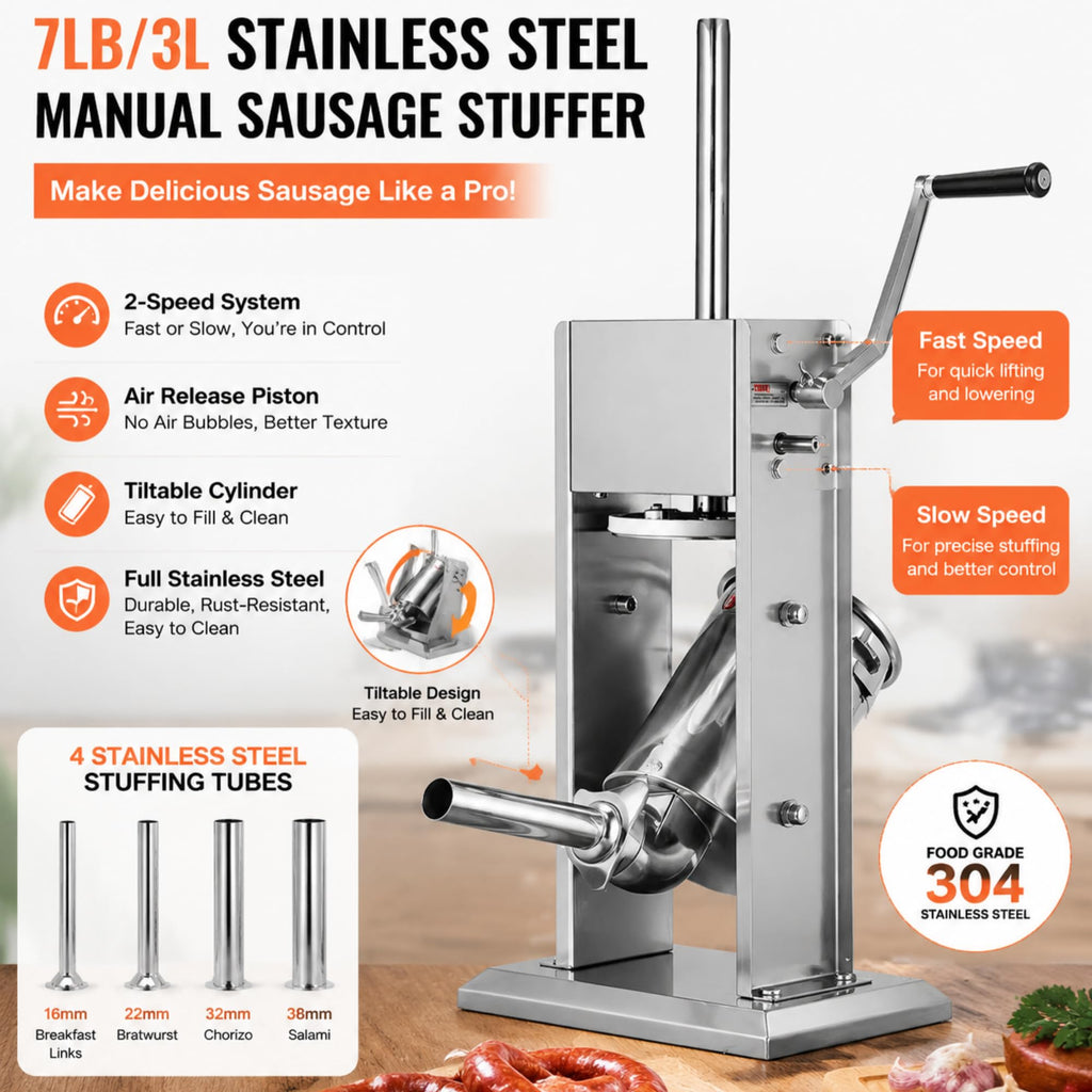 3L Stainless Steel Manual Sausage Stuffer with 4 Tubes N833