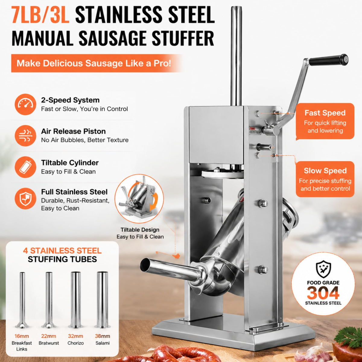 3L Stainless Steel Manual Sausage Stuffer with 4 Tubes N833