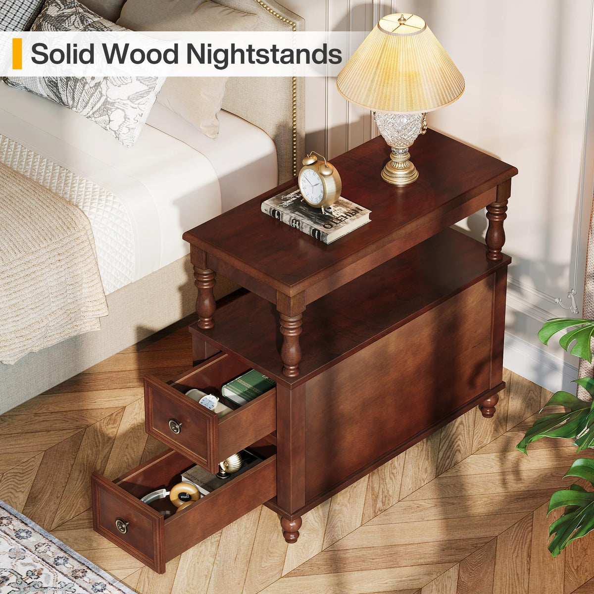 Solid Wood 2 Drawer Nightstand with Open Storage Shelf H12357