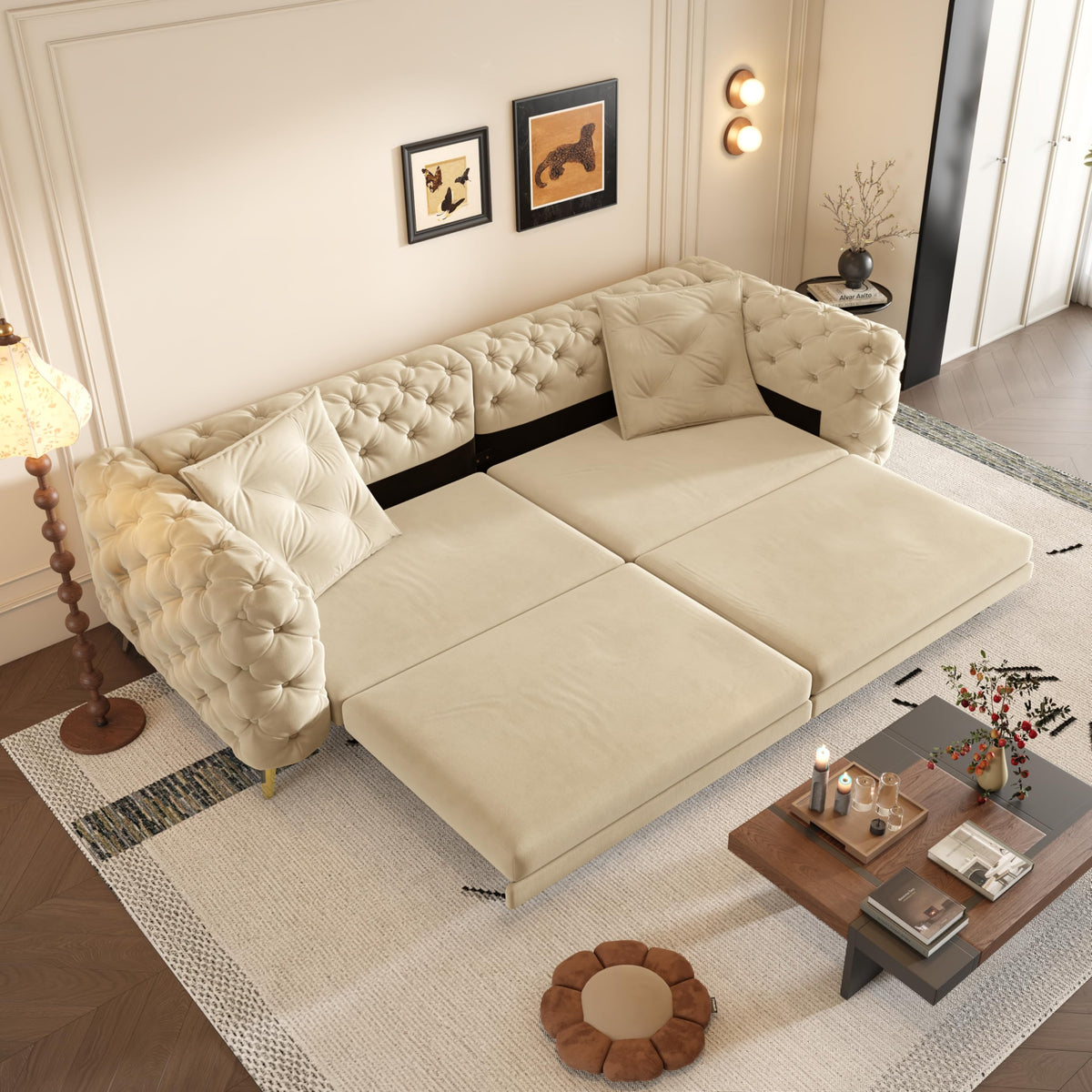 Velvet 3-in-1 Convertible Sleeper Sofa with Movable Ottoman Q8836