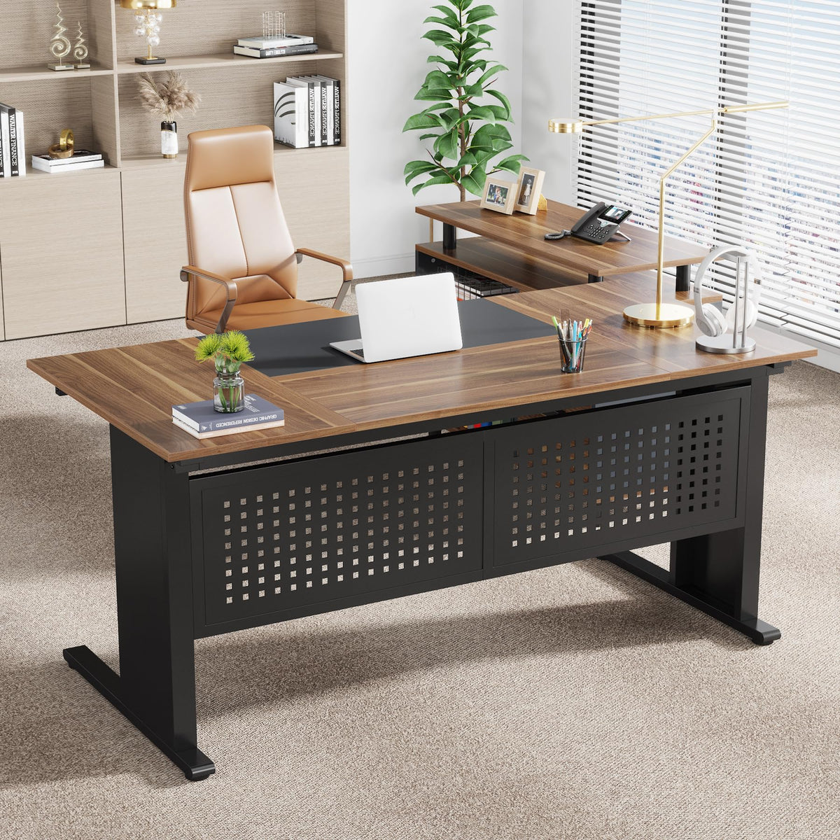 63 Inch L Shaped Computer Desk with File Cabinet and Storage Shelves I94696