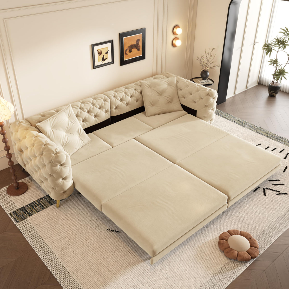 Velvet 3-in-1 Convertible Sleeper Sofa with Movable Ottoman Q8836