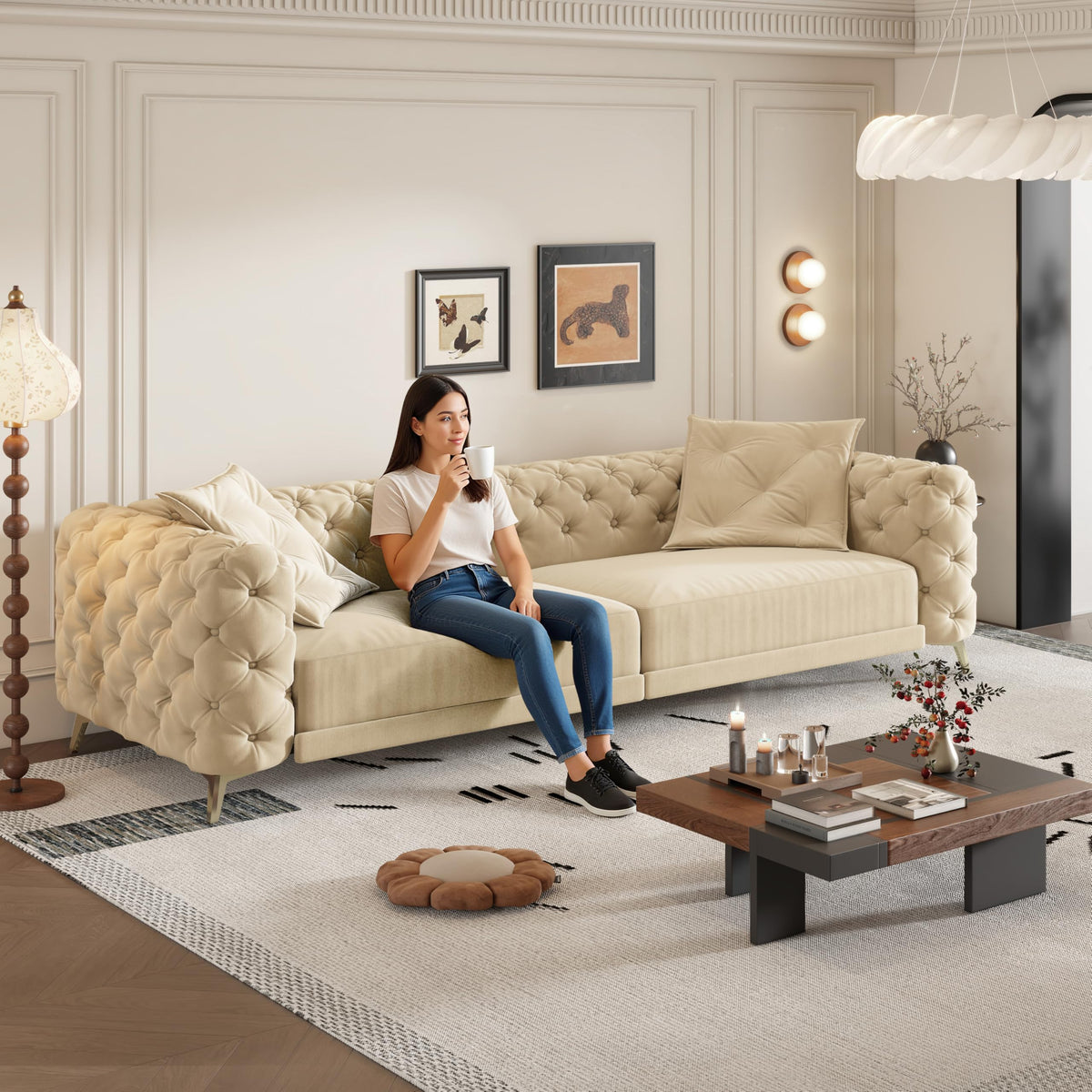 Velvet 3-in-1 Convertible Sleeper Sofa with Movable Ottoman Q8836