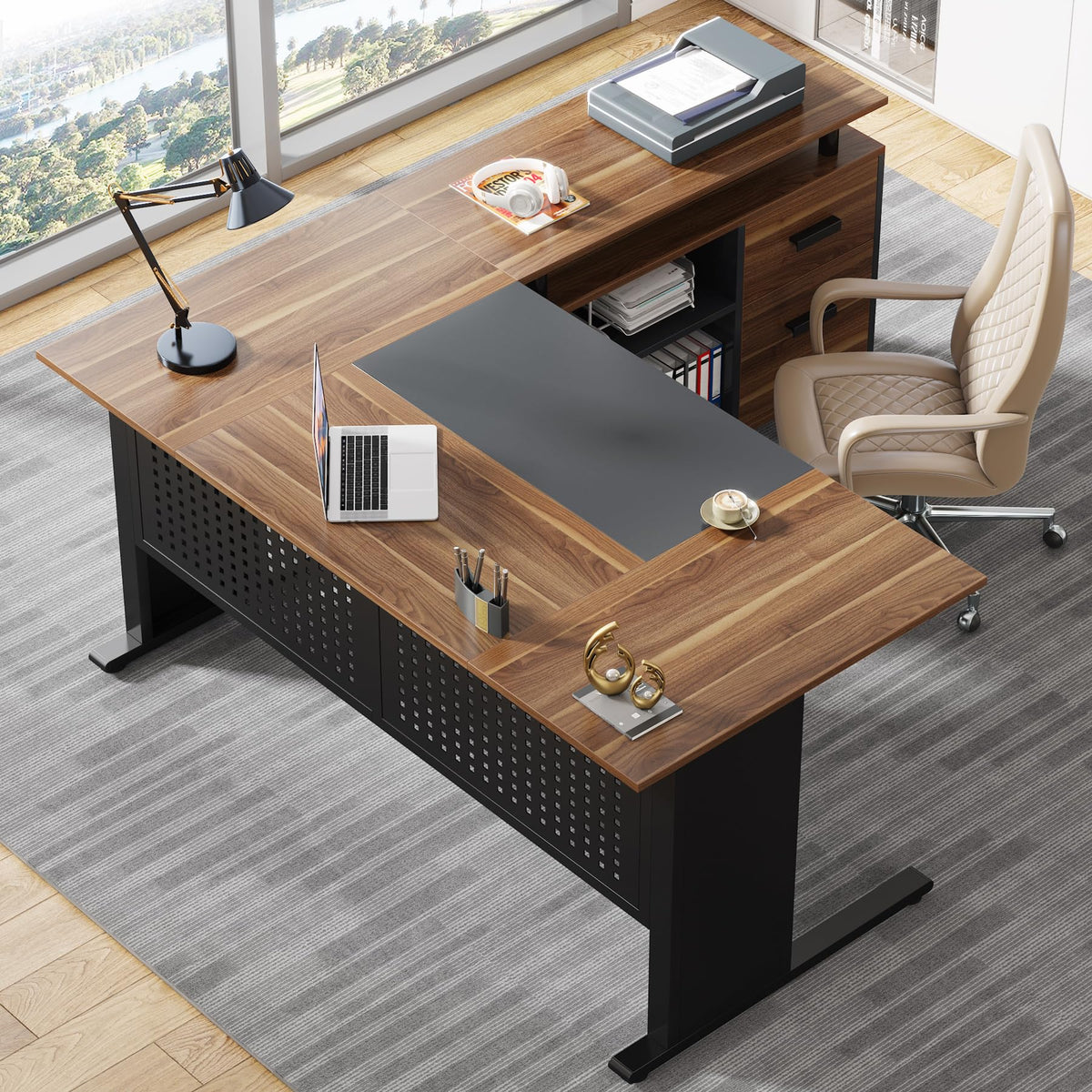 63 Inch L Shaped Computer Desk with File Cabinet and Storage Shelves I94696