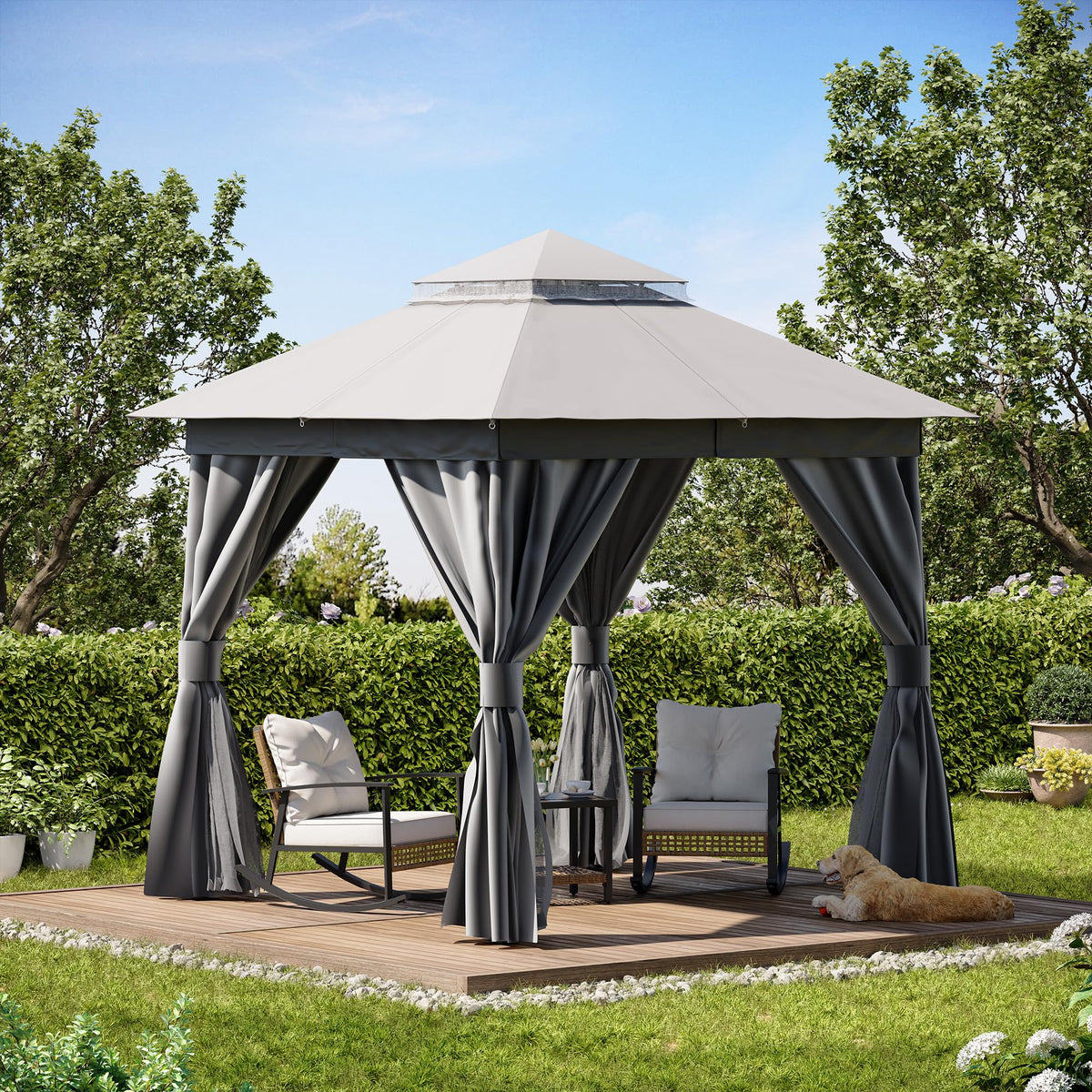 8'x8' Heavy Duty Patio Gazebo with Double Roofs, Mosquito Nettings and Privacy Screens S38027