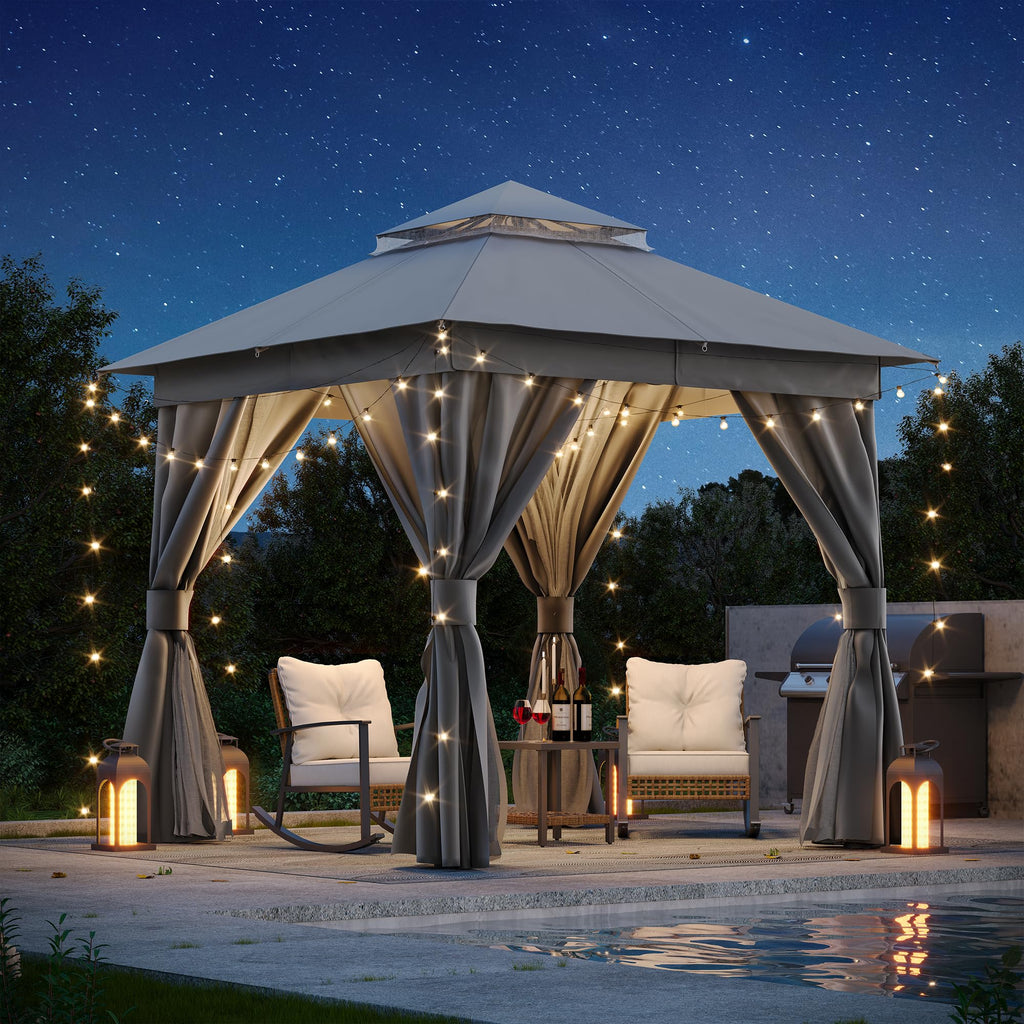 8'x8' Heavy Duty Patio Gazebo with Double Roofs, Mosquito Nettings and Privacy Screens S38027