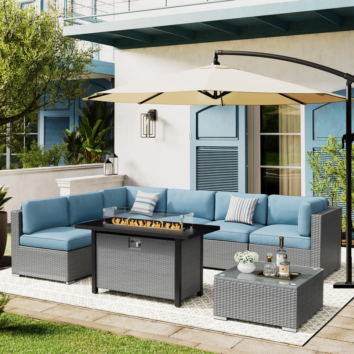 8 Piece Grey PE Wicker Patio Sectional Sofa Set with Fire Pit Table H724