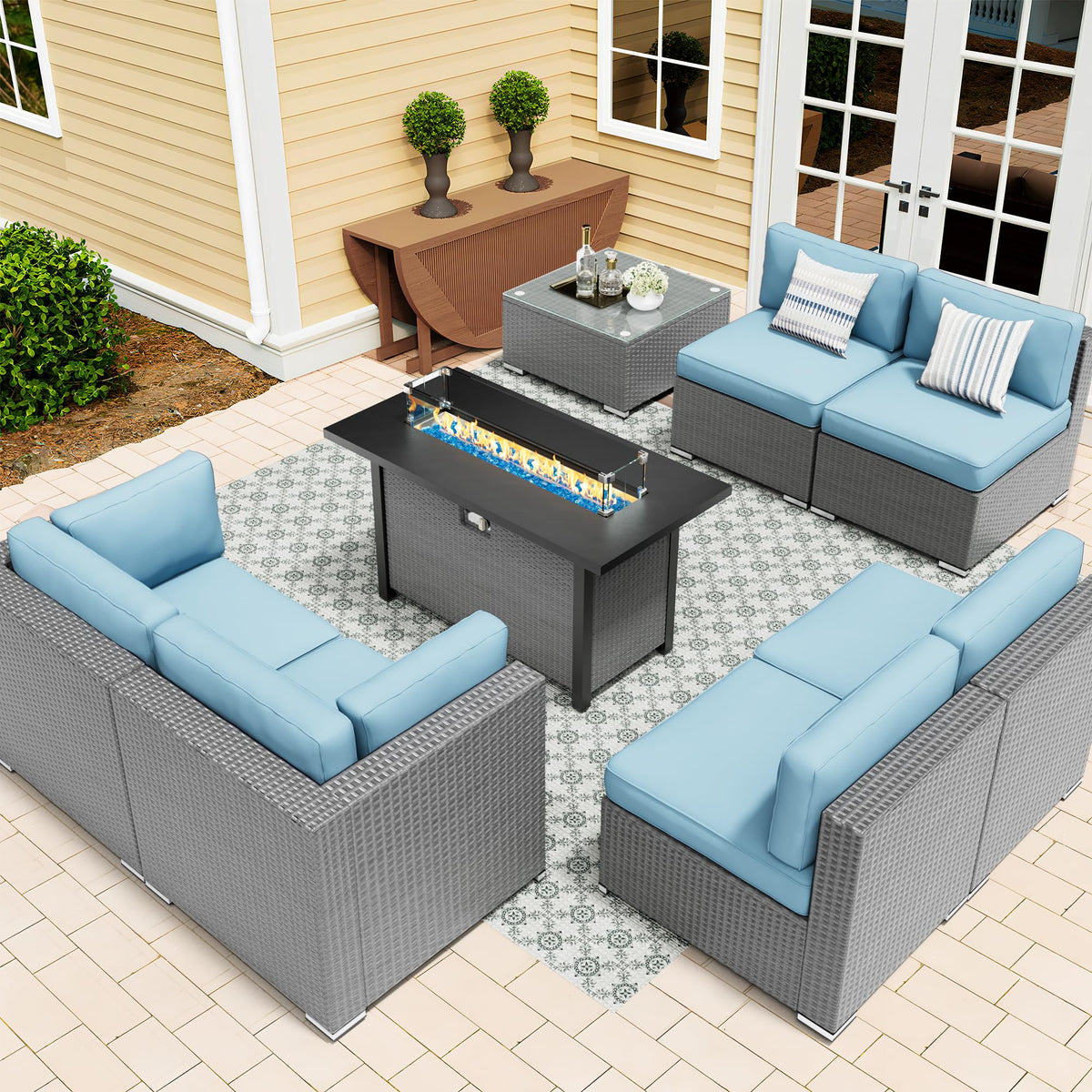8 Piece Grey PE Wicker Patio Sectional Sofa Set with Fire Pit Table H724